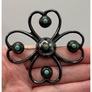 Vintage Mexico Sterling Silver Brooch Turquoise Clover Flower Design Pin